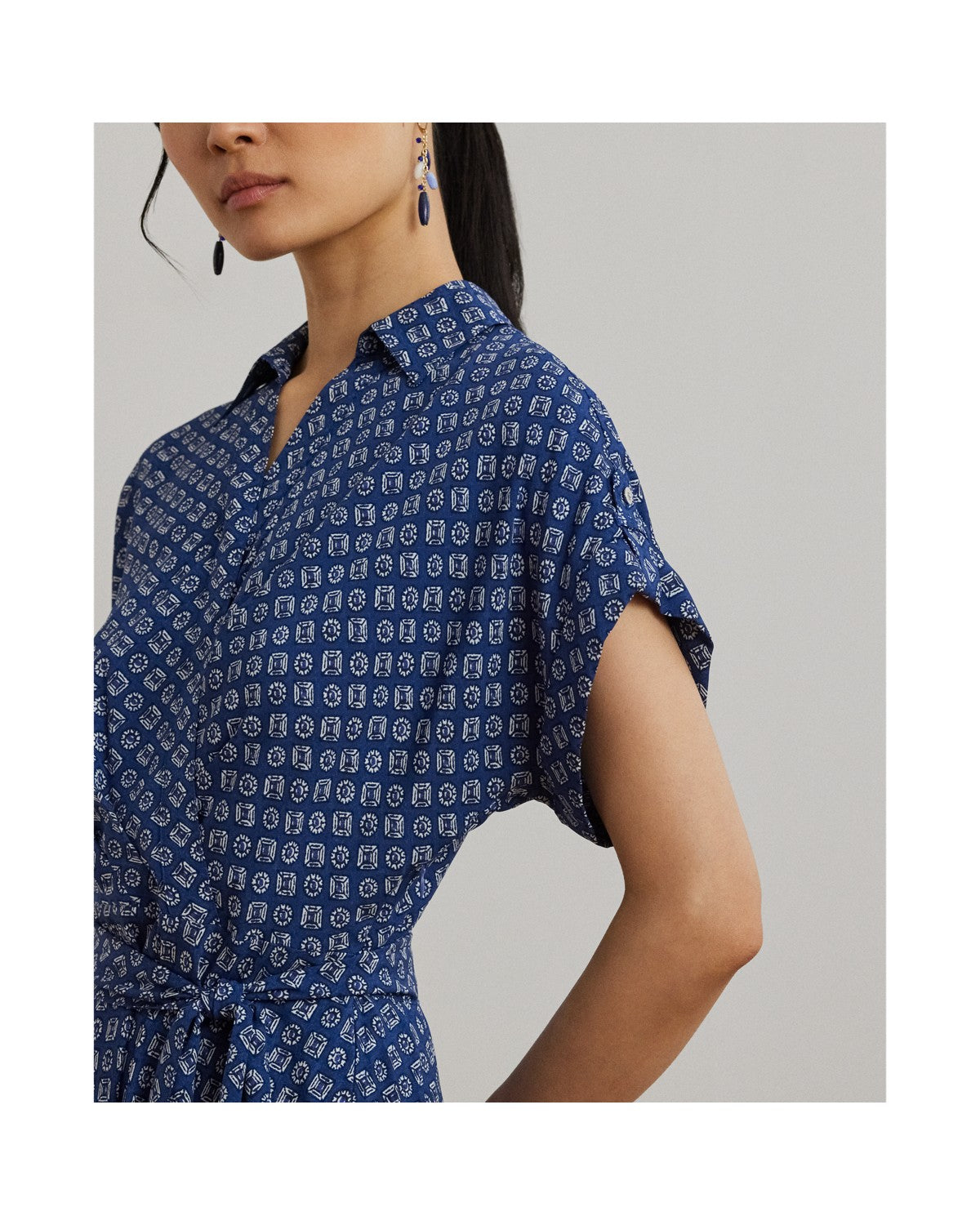 Geo-Print Belted Crepe Dress