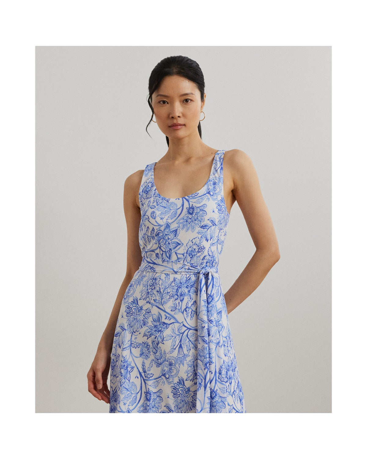 Floral Belted Sleeveless Crepe Dress