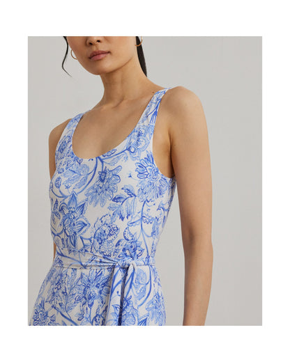 Floral Belted Sleeveless Crepe Dress