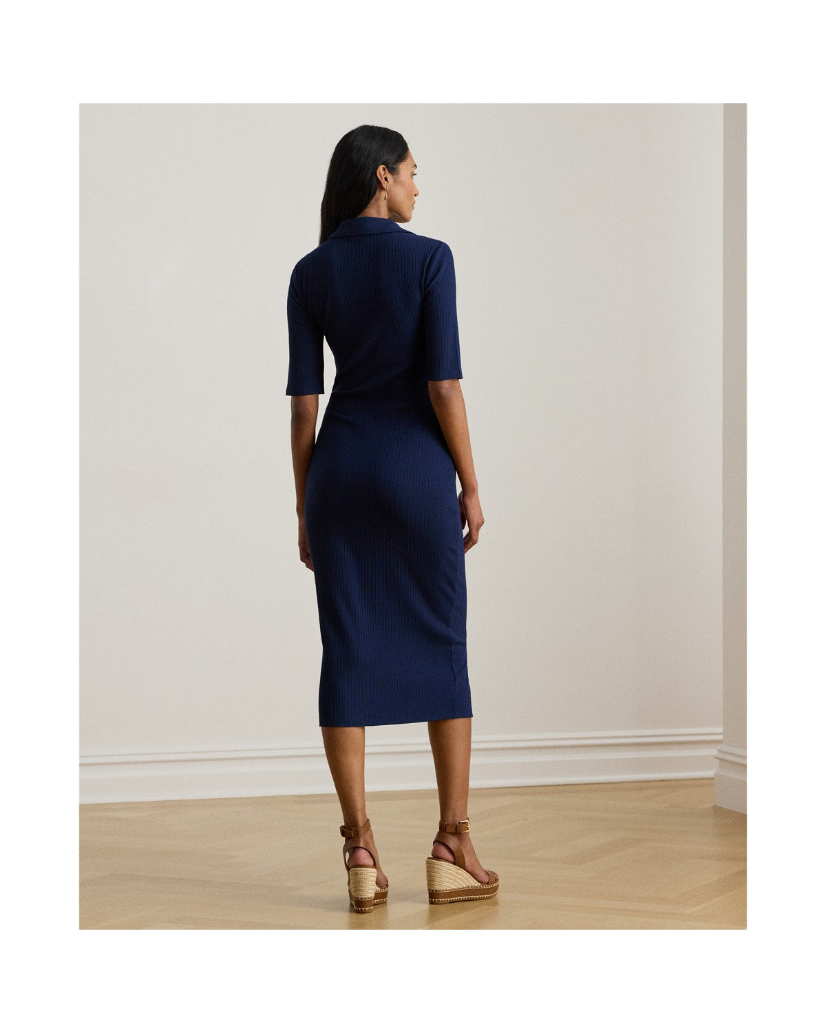 Rib-Knit Elbow-Sleeve Polo Dress