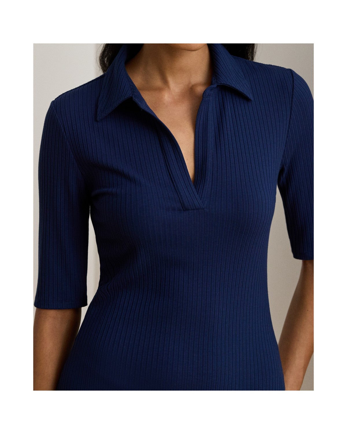 Rib-Knit Elbow-Sleeve Polo Dress