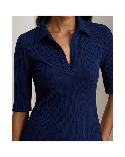 Rib-Knit Elbow-Sleeve Polo Dress