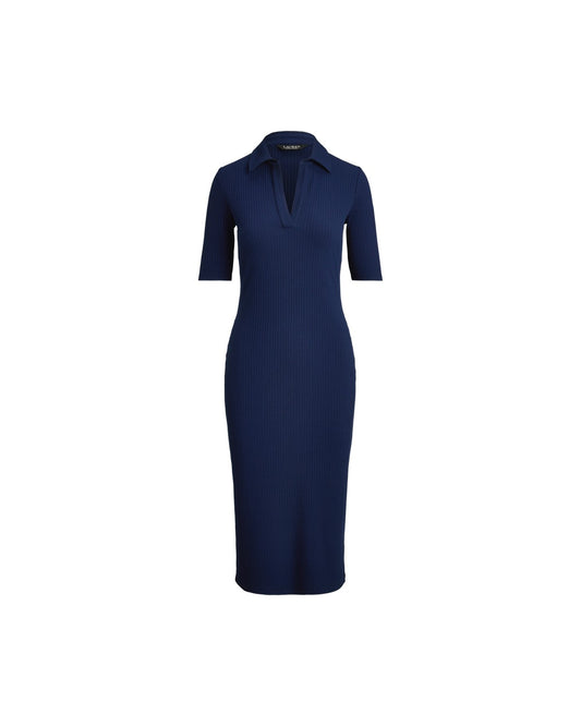 Rib-Knit Elbow-Sleeve Polo Dress