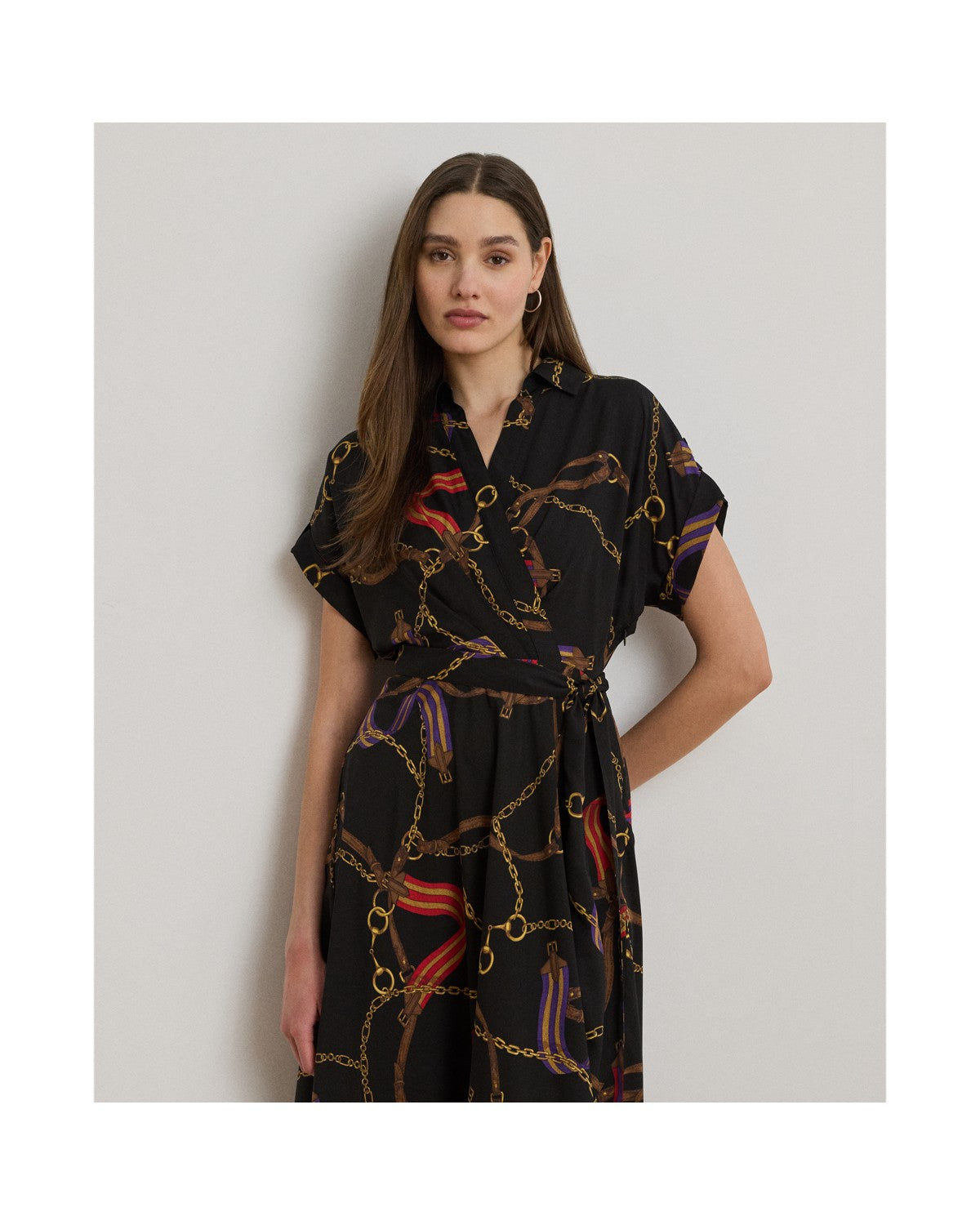 Belting-Print Belted Crepe Dress
