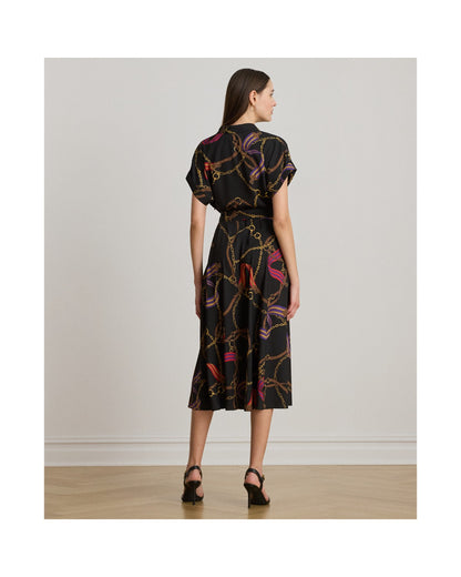 Belting-Print Belted Crepe Dress