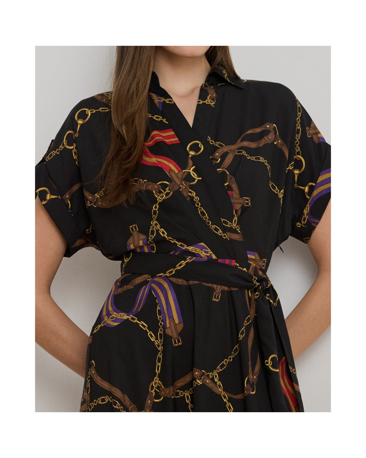 Belting-Print Belted Crepe Dress