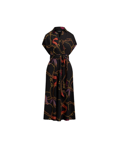 Belting-Print Belted Crepe Dress