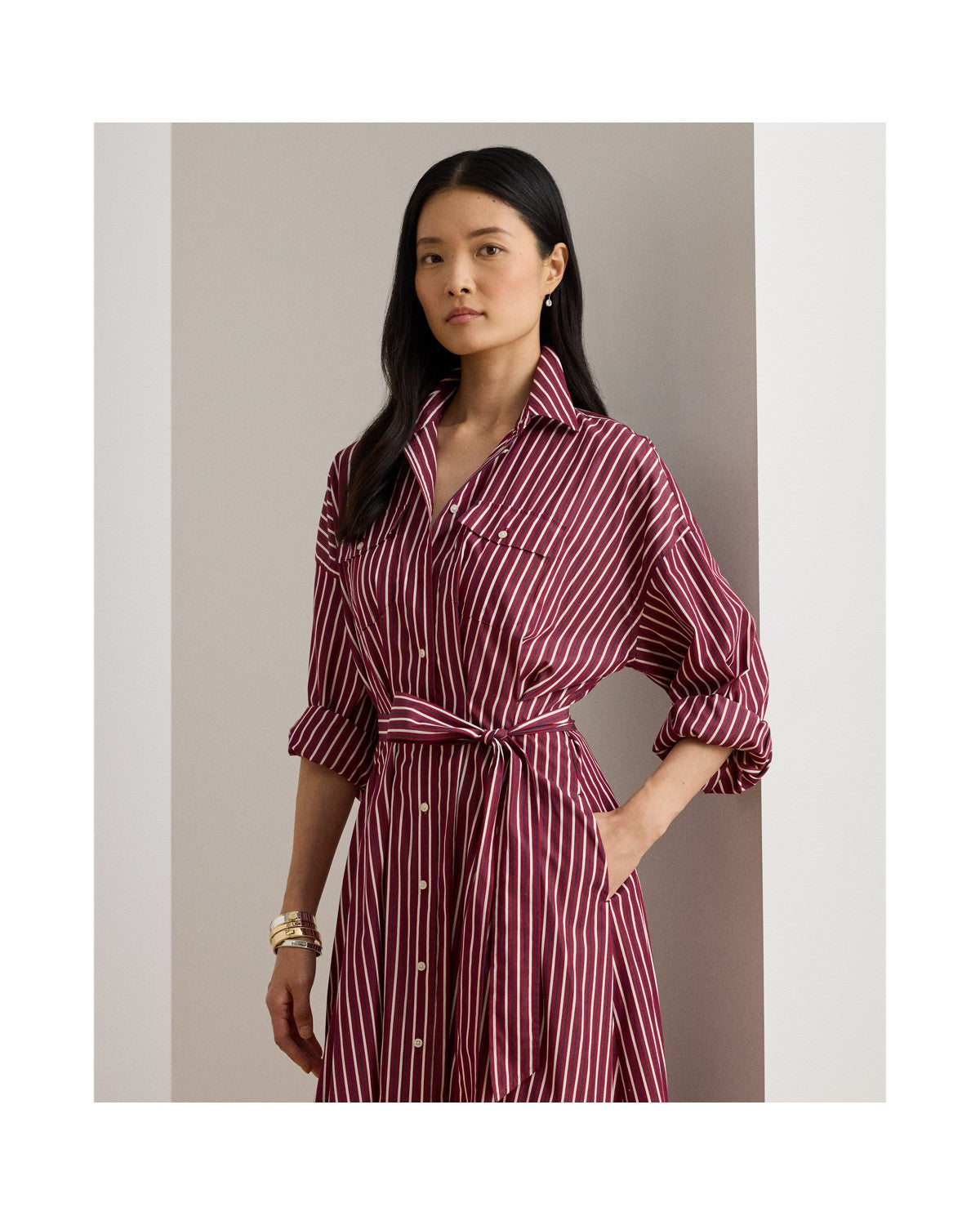 Striped Belted Broadcloth Shirt Dress