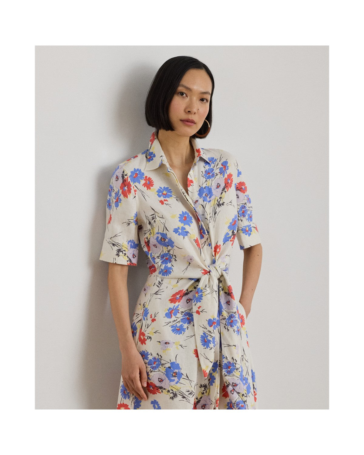 Floral Tie-Front Linen Shirt Dress