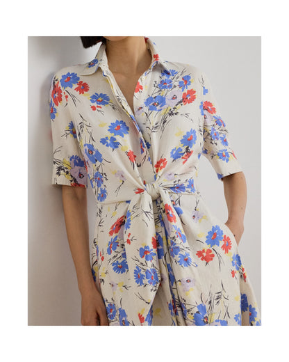 Floral Tie-Front Linen Shirt Dress