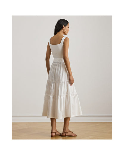 Tiered Belted Jersey & Broadcloth Dress