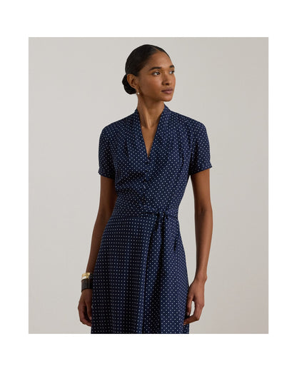 Polka-Dot Belted Crepe Dress