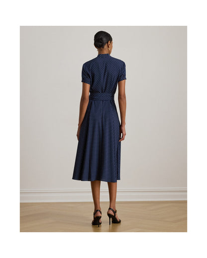 Polka-Dot Belted Crepe Dress