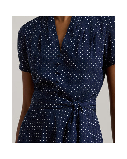 Polka-Dot Belted Crepe Dress