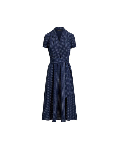 Polka-Dot Belted Crepe Dress