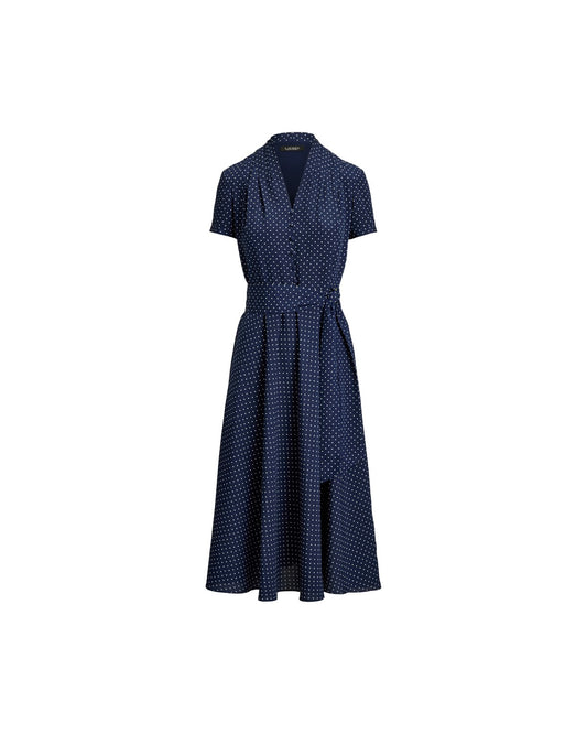 Polka-Dot Belted Crepe Dress