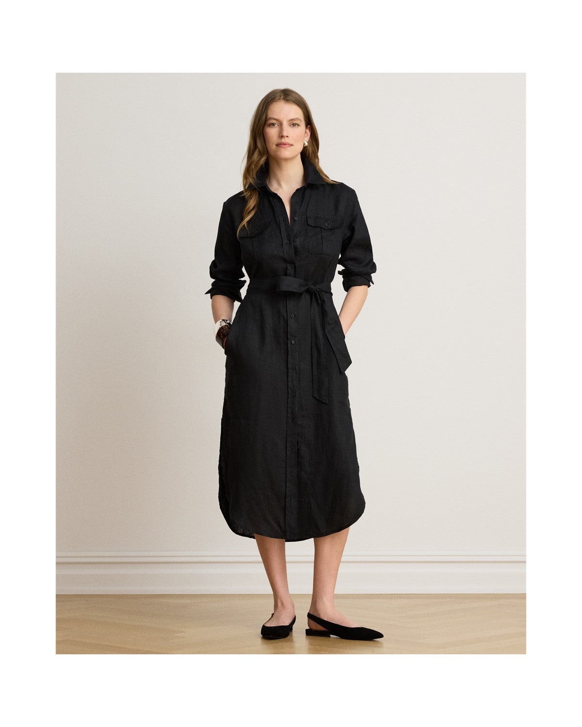 Belted Linen Midi Shirt dress