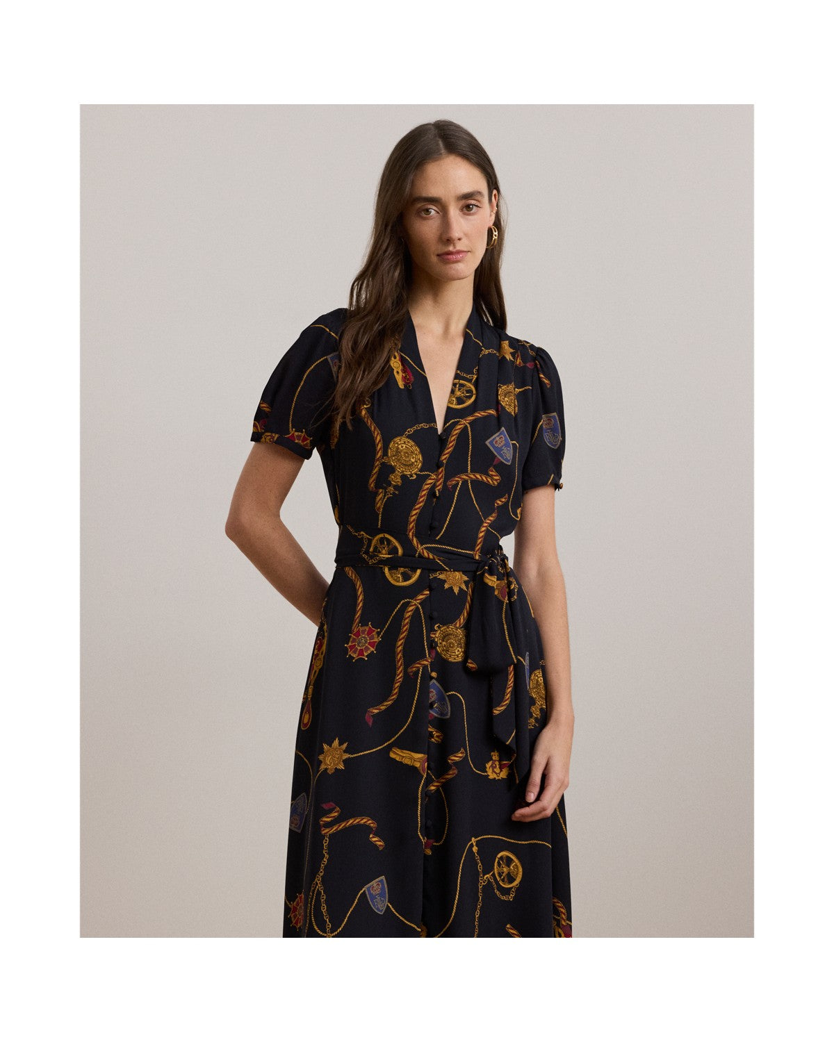 Print Belted Georgette Puff-Sleeve Dress