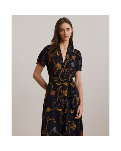 Print Belted Georgette Puff-Sleeve Dress