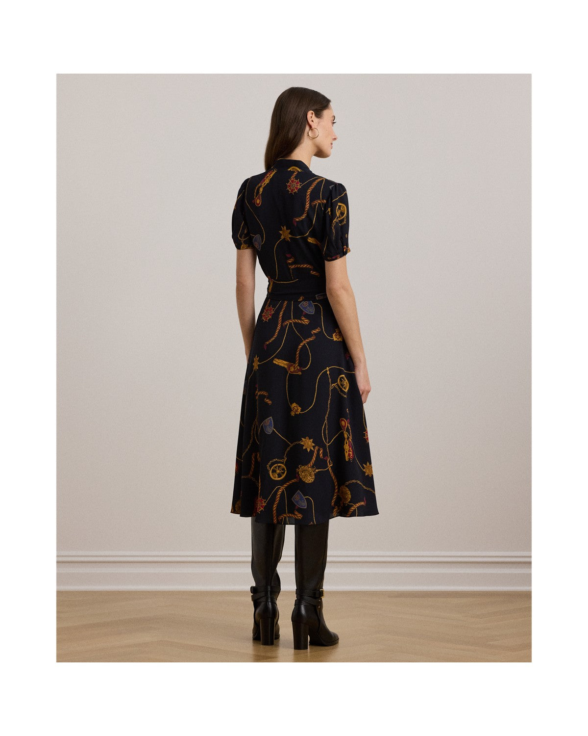 Print Belted Georgette Puff-Sleeve Dress