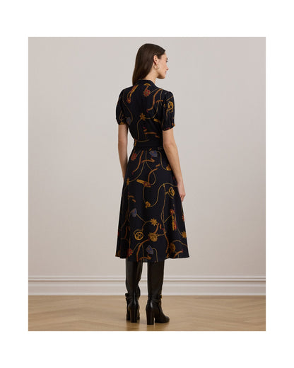 Print Belted Georgette Puff-Sleeve Dress