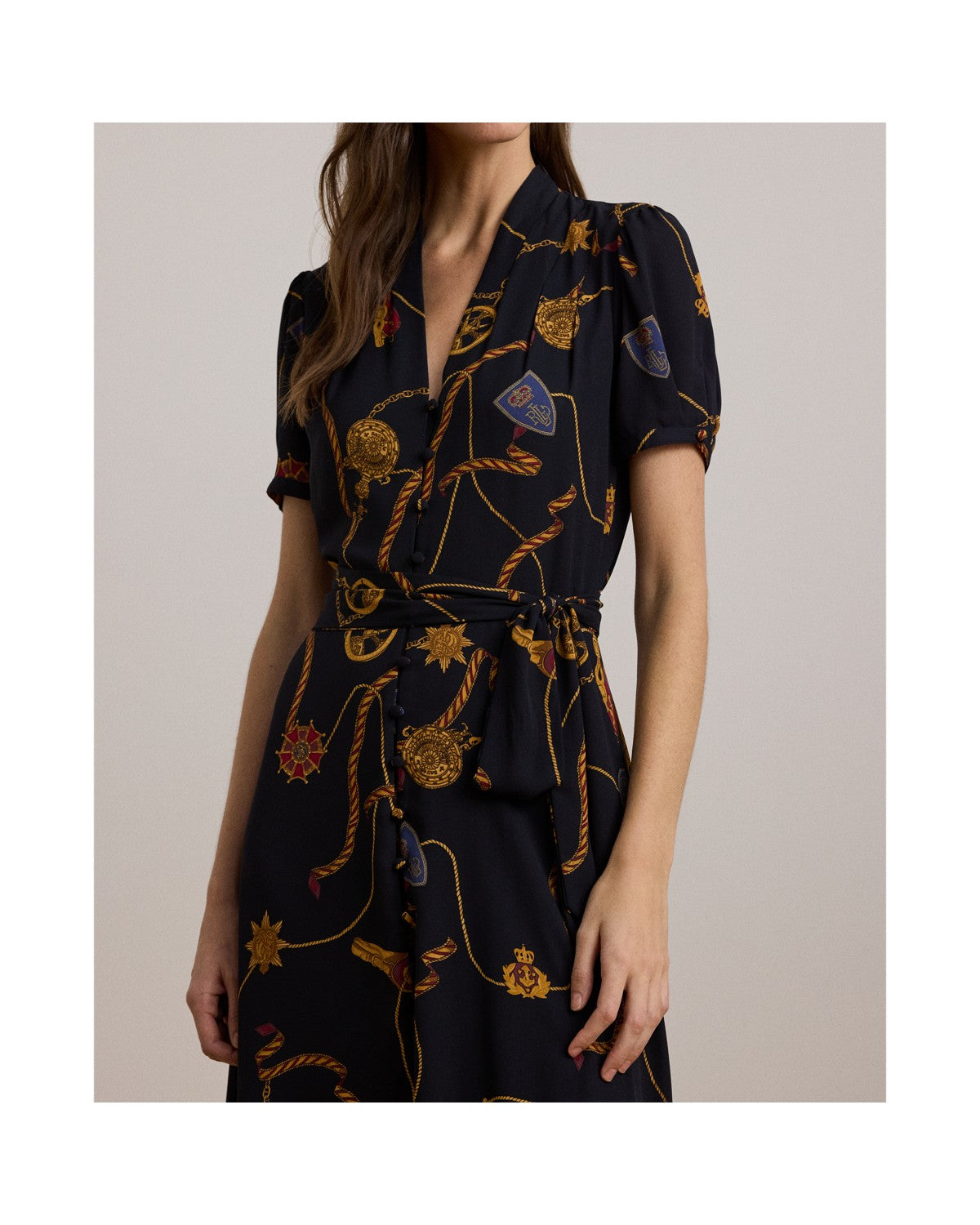 Print Belted Georgette Puff-Sleeve Dress
