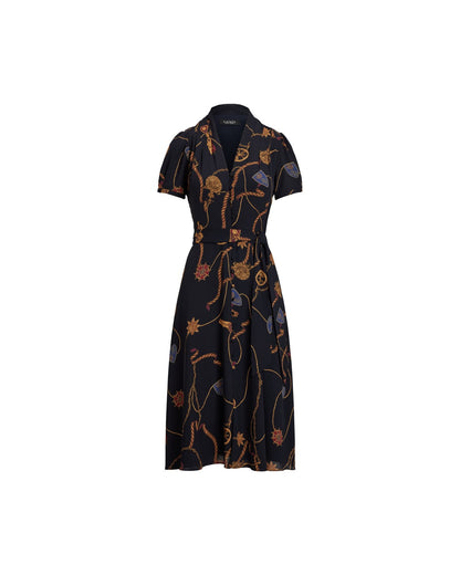 Print Belted Georgette Puff-Sleeve Dress