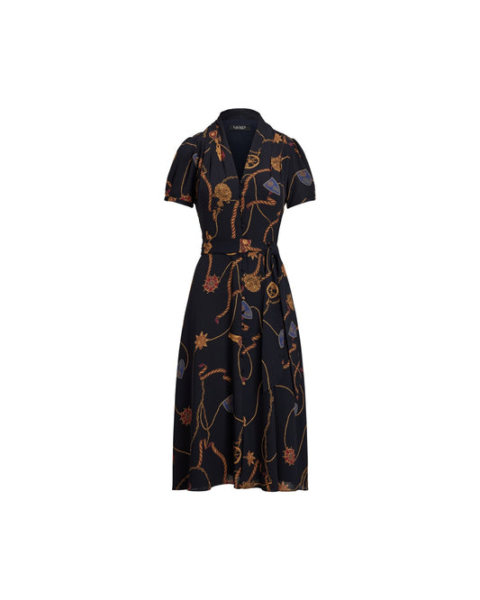 Print Belted Georgette Puff-Sleeve Dress
