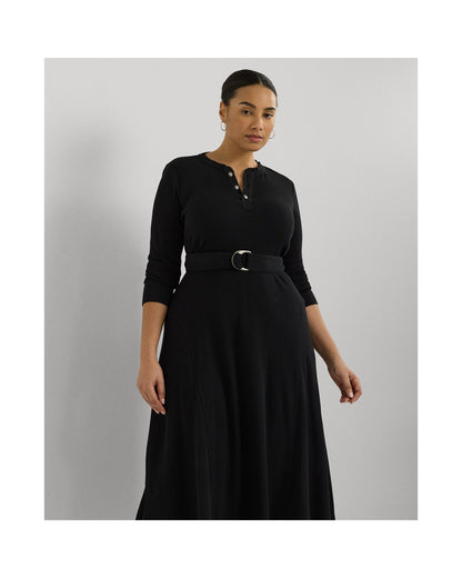 Belted Waffle-Knit Cotton Henley Dress