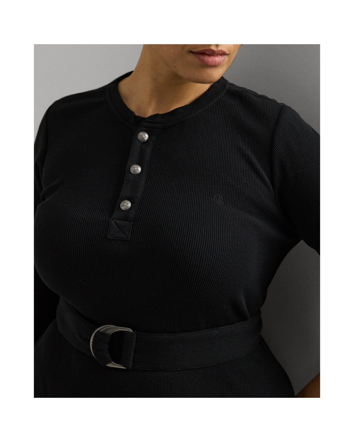 Belted Waffle-Knit Cotton Henley Dress