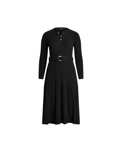 Belted Waffle-Knit Cotton Henley Dress