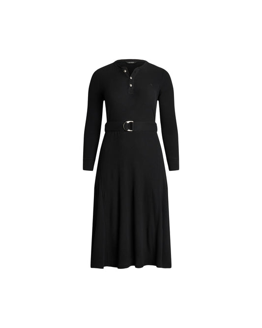 Belted Waffle-Knit Cotton Henley Dress