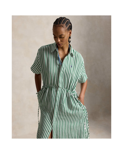 Striped Linen-Cotton Drawcord Shirtdress