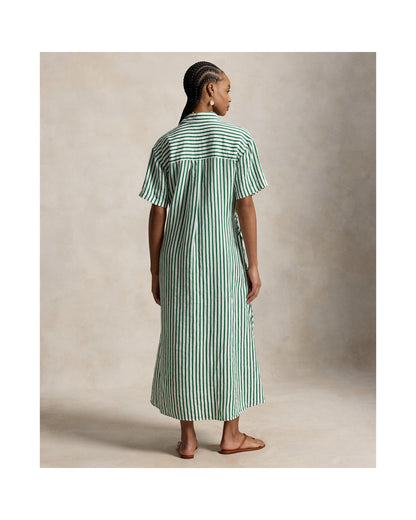Striped Linen-Cotton Drawcord Shirtdress