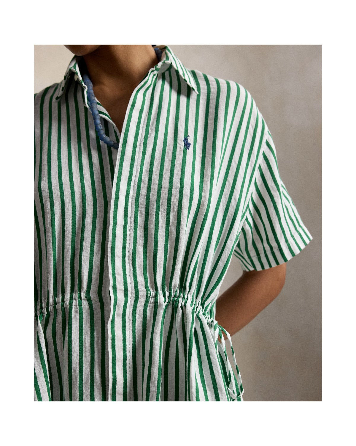Striped Linen-Cotton Drawcord Shirtdress