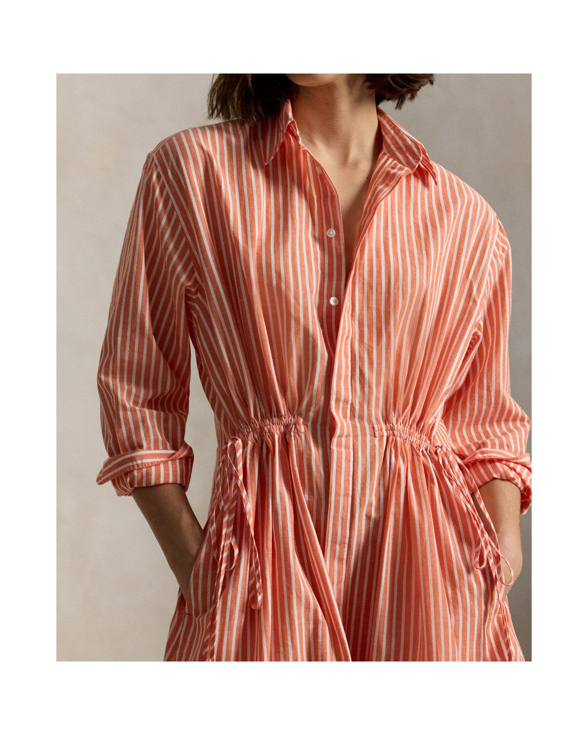 Striped Cotton-Linen Drawcord Shirt dress