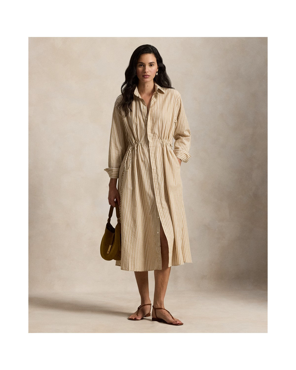 Striped Cotton-Linen Drawcord Shirt dress