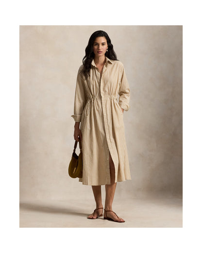 Striped Cotton-Linen Drawcord Shirt dress