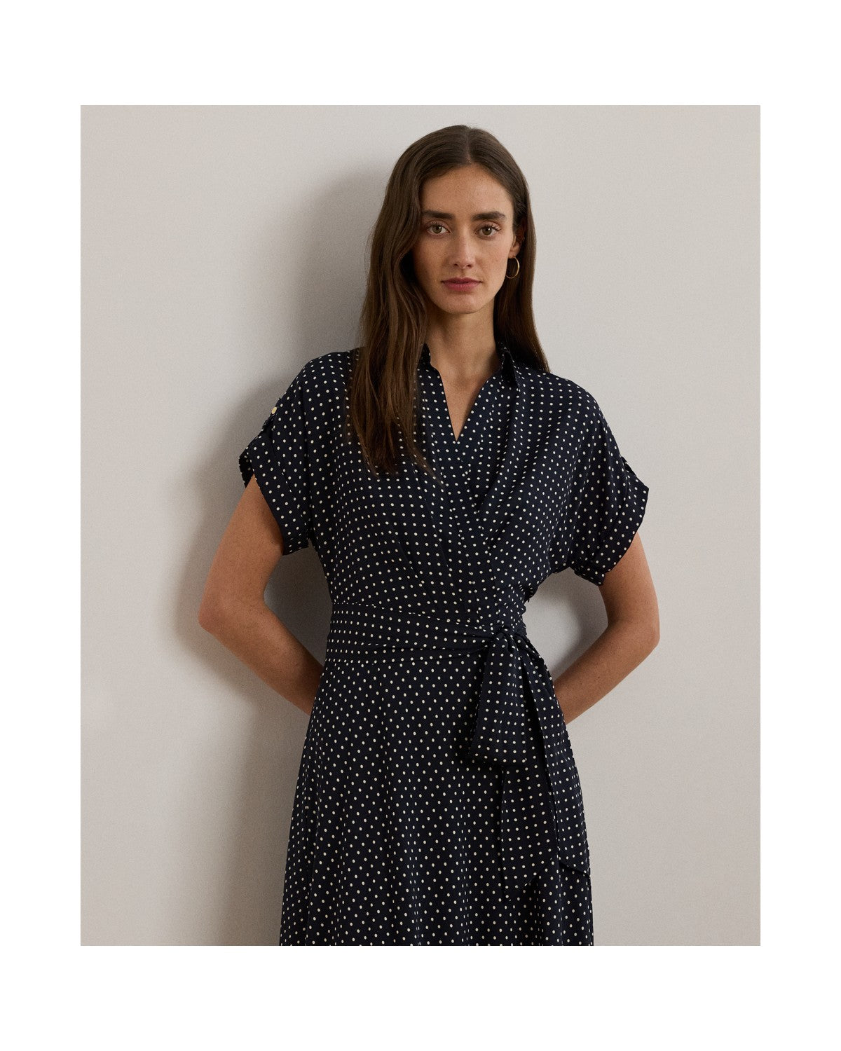 Polka-Dot Belted Crepe Dress
