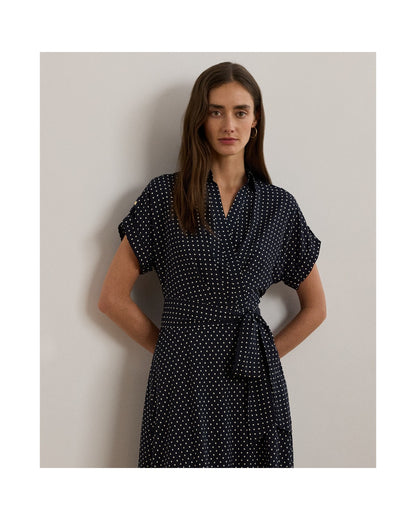 Polka-Dot Belted Crepe Dress
