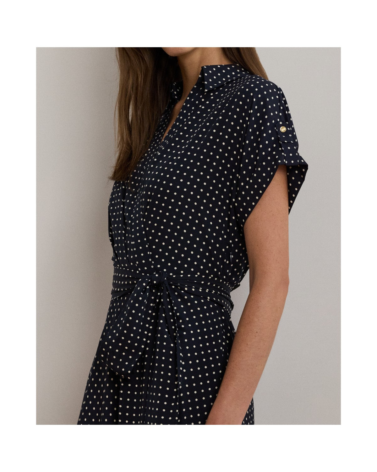 Polka-Dot Belted Crepe Dress