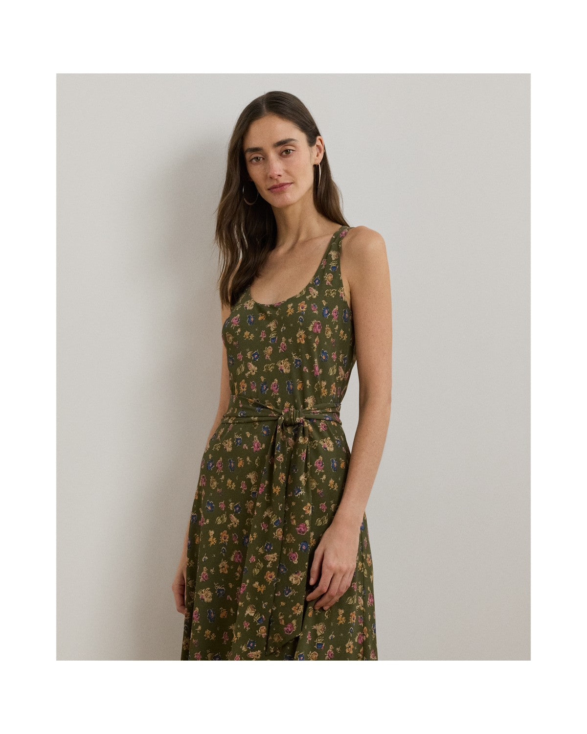 Floral Belted Sleeveless Crepe Dress