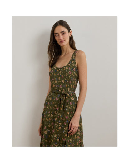 Floral Belted Sleeveless Crepe Dress