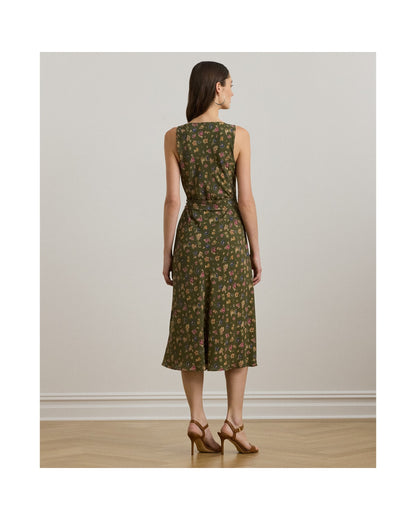 Floral Belted Sleeveless Crepe Dress