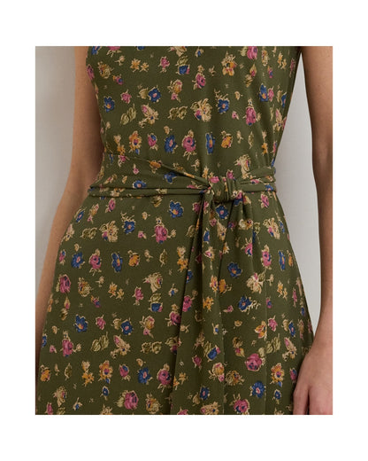 Floral Belted Sleeveless Crepe Dress