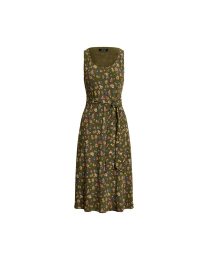 Floral Belted Sleeveless Crepe Dress