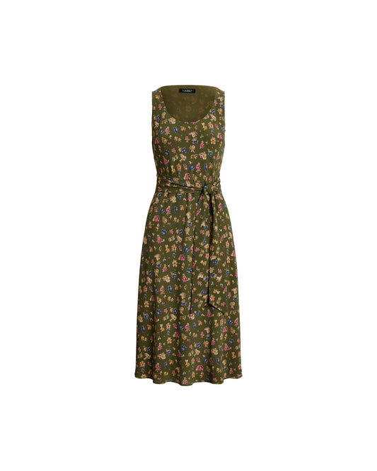 Floral Belted Sleeveless Crepe Dress