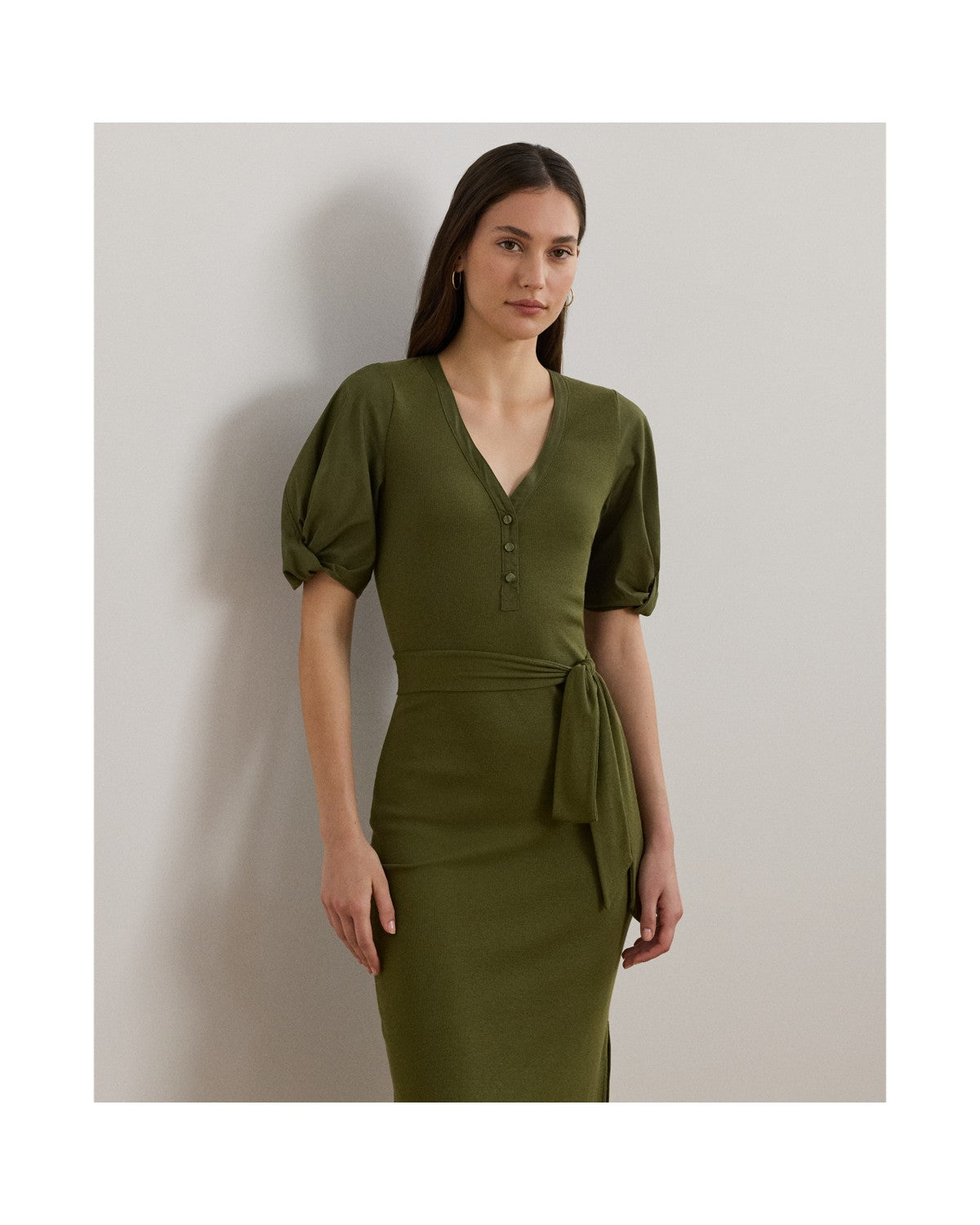 Belted Rib-Knit Puff-Sleeve Dress
