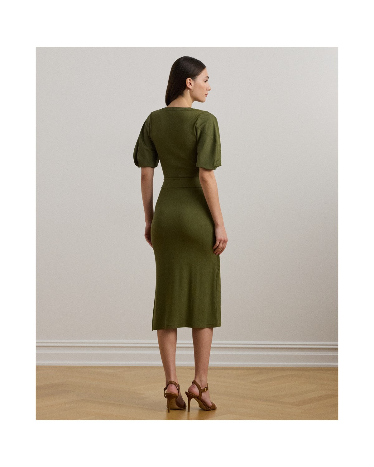 Belted Rib-Knit Puff-Sleeve Dress
