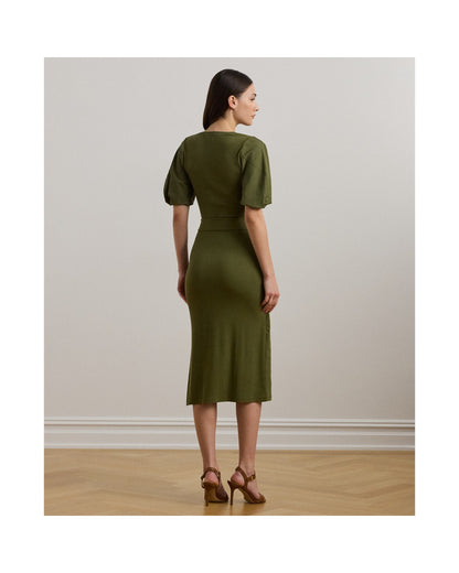 Belted Rib-Knit Puff-Sleeve Dress